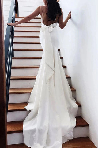 Simple Satin Mermaid V-neck Spaghetti Straps Wedding Dresses With Bow