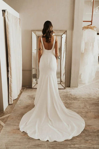 Simple Satin Sheath Square Neck Backless Wedding Dress With Sweep Train