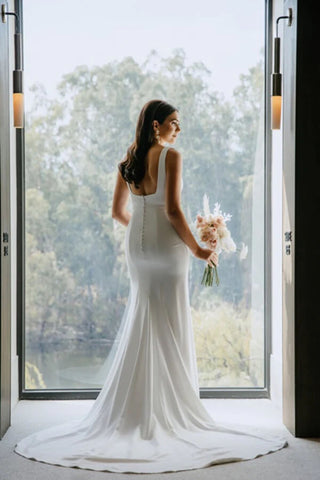 Simple Satin Sheath Square Neck Backless Wedding Dress With Sweep Train