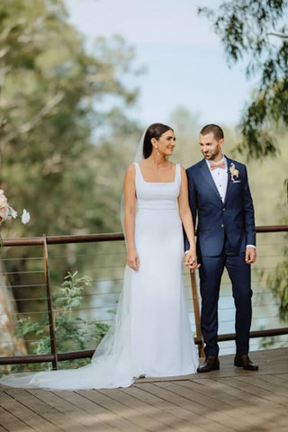 Simple Satin Sheath Square Neck Backless Wedding Dress With Sweep Train