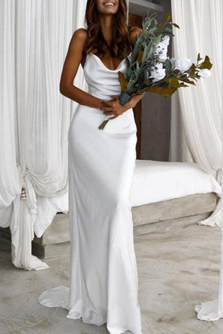 Simple Silk Satin Mermaid Backless Spaghetti Straps Wedding Dresses