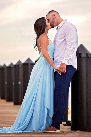 Simple Sky Blue Rustic Thigh Split Beach Wedding Dresses with Sweep Train