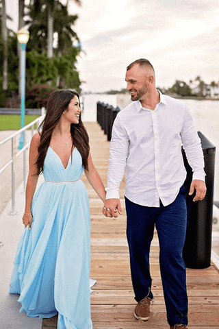 Simple Sky Blue Rustic Thigh Split Beach Wedding Dresses with Sweep Train