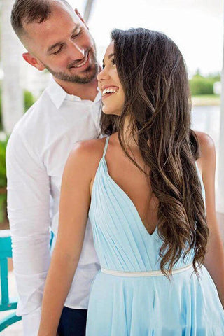 Simple Sky Blue Rustic Thigh Split Beach Wedding Dresses with Sweep Train