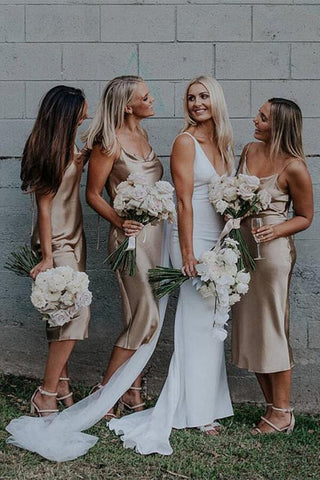 Simple Taffeta Spaghetti Straps Sheath Tea Length Bridesmaid Dresses