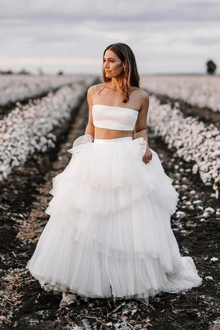 Simple Two Piece Wedding Dress With Layered Tulle Skirt, Bridal Gown