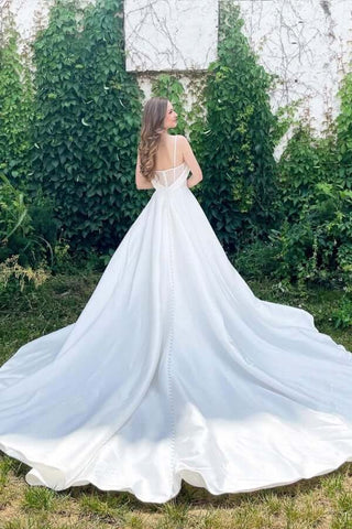 Simple White A-line Satin Spaghetti Straps Sweetheart Neck Wedding Dresses