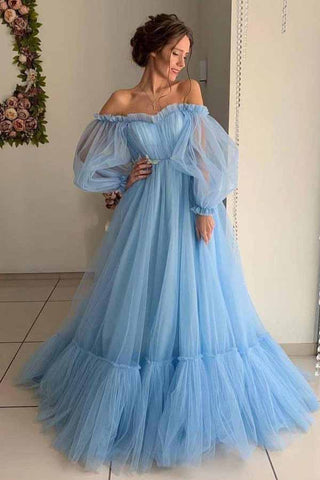 A-line Tulle Off-the-Shoulder Prom Dresses, Long Formal Dress