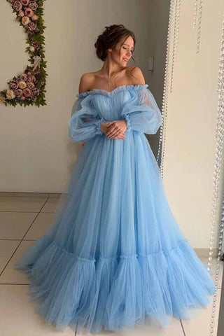 A-line Tulle Off-the-Shoulder Prom Dresses, Long Formal Dress