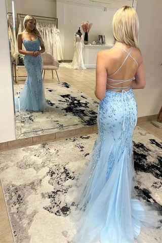 Tulle Mermaid Spaghetti Straps Long Prom Dresses With Lace