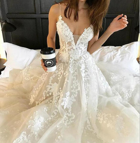 Spaghetti Straps Beach Wedding Dress, Boho Bridal Gown with Appliques Lace