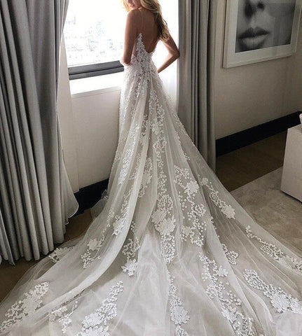 Spaghetti Straps Beach Wedding Dress, Boho Bridal Gown with Appliques Lace