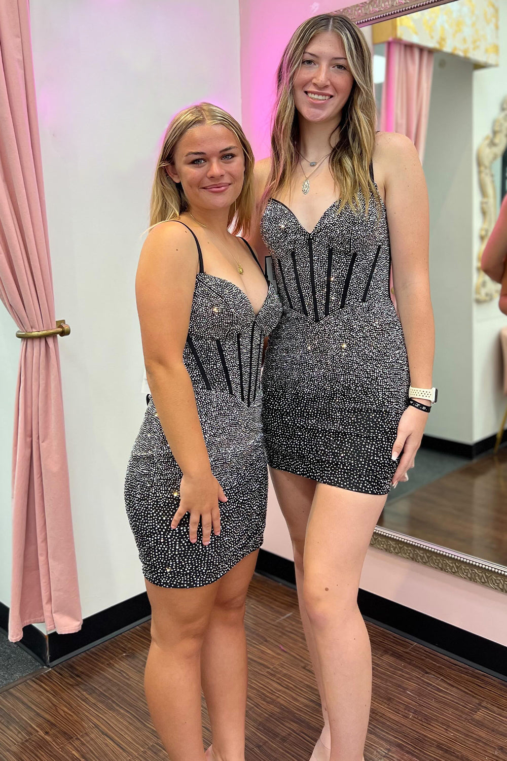 Sparkly Spaghetti Straps Navy Bodycon Corset Homecoming Dress with Beading