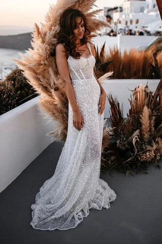 Sparkly A-line Scoop Neck Spaghetti Straps Beach Wedding Dresses