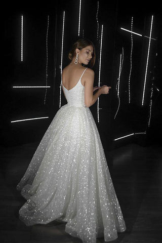 Sparkly A-line V-neck Spaghetti Straps Wedding Dresses, Bridal Gowns