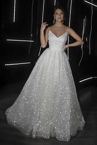 Sparkly A-line V-neck Spaghetti Straps Wedding Dresses, Bridal Gowns