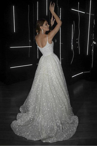 Sparkly A-line V-neck Spaghetti Straps Wedding Dresses, Bridal Gowns