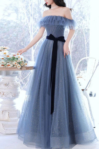 Sparkly Gray Tulle Blue A-line Off-the-Shoulder Prom Dresses, Evening Gown