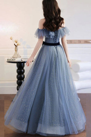 Sparkly Gray Tulle Blue A-line Off-the-Shoulder Prom Dresses, Evening Gown