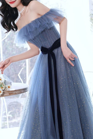 Sparkly Gray Tulle Blue A-line Off-the-Shoulder Prom Dresses, Evening Gown
