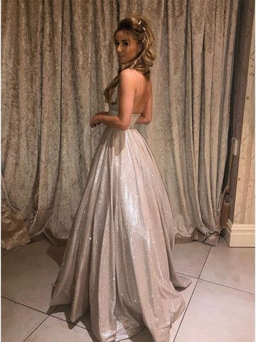 Funkelndes Lavendel A-Linie V-Ausschnitt Spaghettiträger Ballkleid, Abendkleid