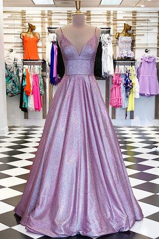 Funkelndes Lavendel A-Linie V-Ausschnitt Spaghettiträger Ballkleid, Abendkleid