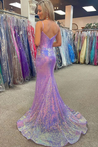 Sparkly Mermaid Spaghetti Straps V-neck Long Prom Dresses With Train