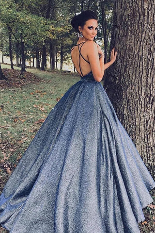 Glitzerndes, marineblaues Ballkleid mit V-Ausschnitt, lange Abendkleider