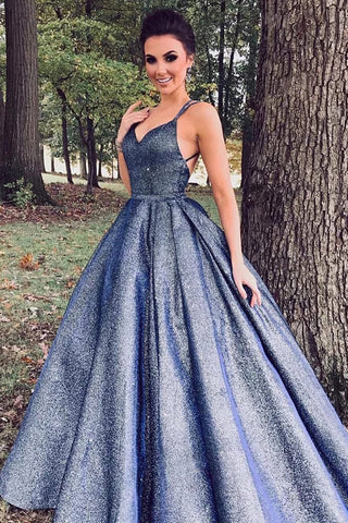 Glitzerndes, marineblaues Ballkleid mit V-Ausschnitt, lange Abendkleider