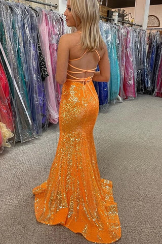 Sparkly Orange Sequins Mermaid V-neck Prom Dresses, Long Formal Dress
