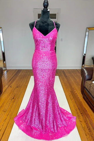 Sparkly Orange Sequins Mermaid V-neck Prom Dresses, Long Formal Dress