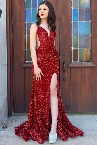 Sparkly Red Sequins Mermaid V-neck Long Prom Dresses With High Slit