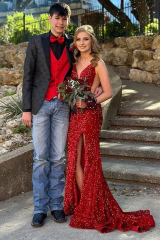 Sparkly Red Sequins Mermaid V-neck Long Prom Dresses With High Slit