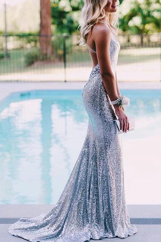 Sparkly Silver Sequins Mermaid Backless Long Prom Dresses, Evening Gown