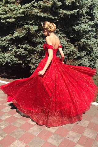Tulle A-line Off Shoulder Long Prom Dresses, Evening Dresses