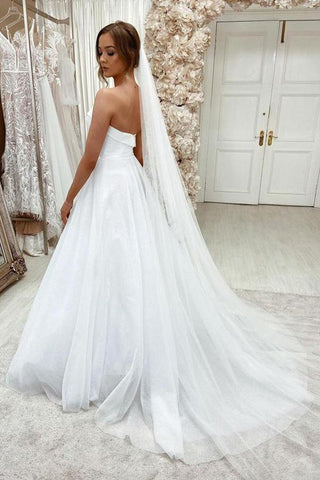 Sparkly White Tulle Lace A-line Sweetheart Sweep Train Wedding Dresses