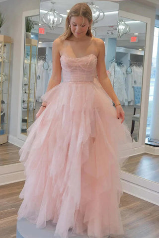 Stunning Light Pink Tulle A-line Strapless Prom Dress, Evening Dresses