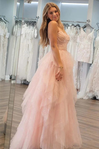 Stunning Light Pink Tulle A-line Strapless Prom Dress, Evening Dresses