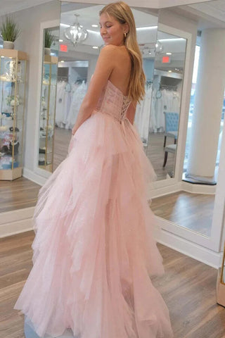 Stunning Light Pink Tulle A-line Strapless Prom Dress, Evening Dresses