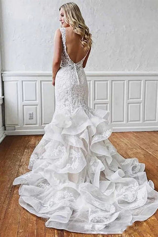Stunning Mermaid Tulle Lace Wedding Dresses With Ruffles, Bridal Gown