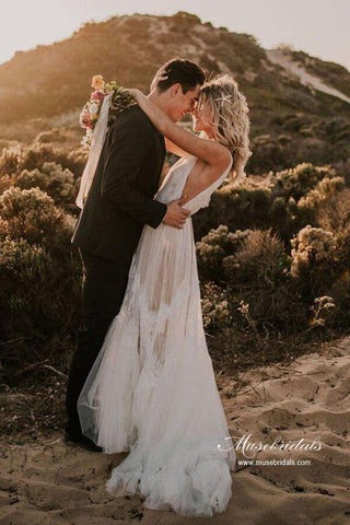 Stunning Tulle A-line V-neck Beach Wedding Dresses With Lace Appliques