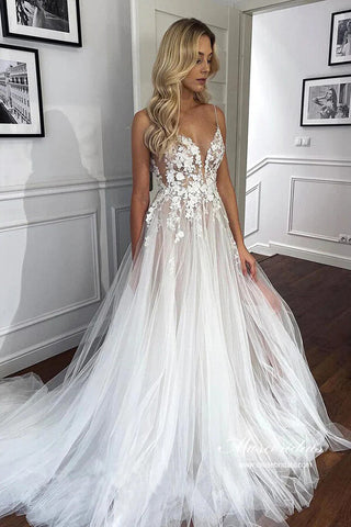 Stunning Tulle Lace See Through Sweetheart Boho Wedding Dresses