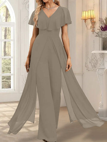 Jumpsuit/Hosenanzug V-Ausschnitt Bodenlanges Chiffon Abendkleid
