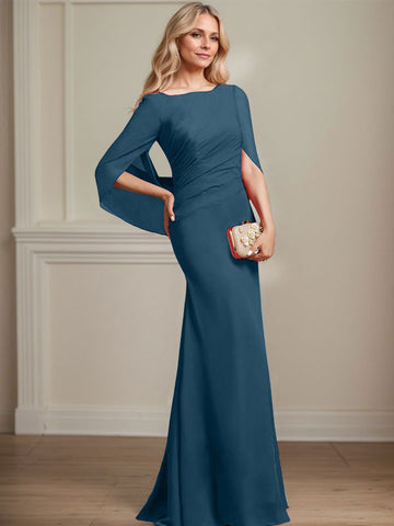 Trompete/Meerjungfrau U-Boot-Ausschnitt Bodenlang Chiffon Mutter der Braut Kleid Mit Plissee