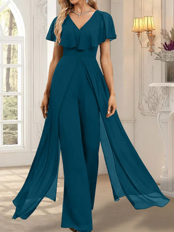 Jumpsuit/Hosenanzug V-Ausschnitt Bodenlanges Chiffon Abendkleid