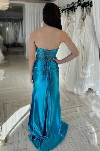 Petrol Etuikleid aus Seidensatin mit Perlen verziert, trägerlos, Ballkleid mit Schlitz, Partykleid