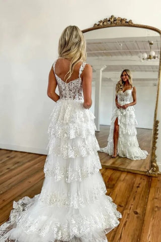 Tiered Tulle A-line Off Shoulder Lace Appliques Prom Dresses With Slit