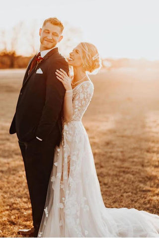 Tulle A-Line Long Sleeves Lace Appliqued Wedding Dresses, Bridal Gowns