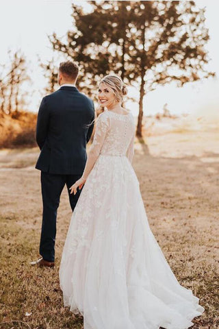 Tulle A-Line Long Sleeves Lace Appliqued Wedding Dresses, Bridal Gowns