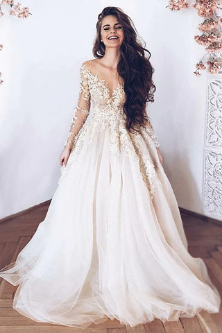 Tüll A-Linie Lange Ärmel Spitzenapplikationen Hochzeitskleider, Brautkleid